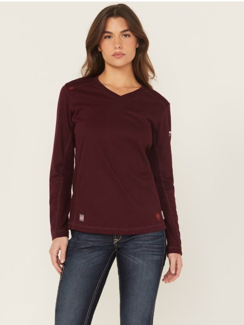 Ariat Women's FR AC  Long Sleeve V-Neck Top in Malbec SZ M